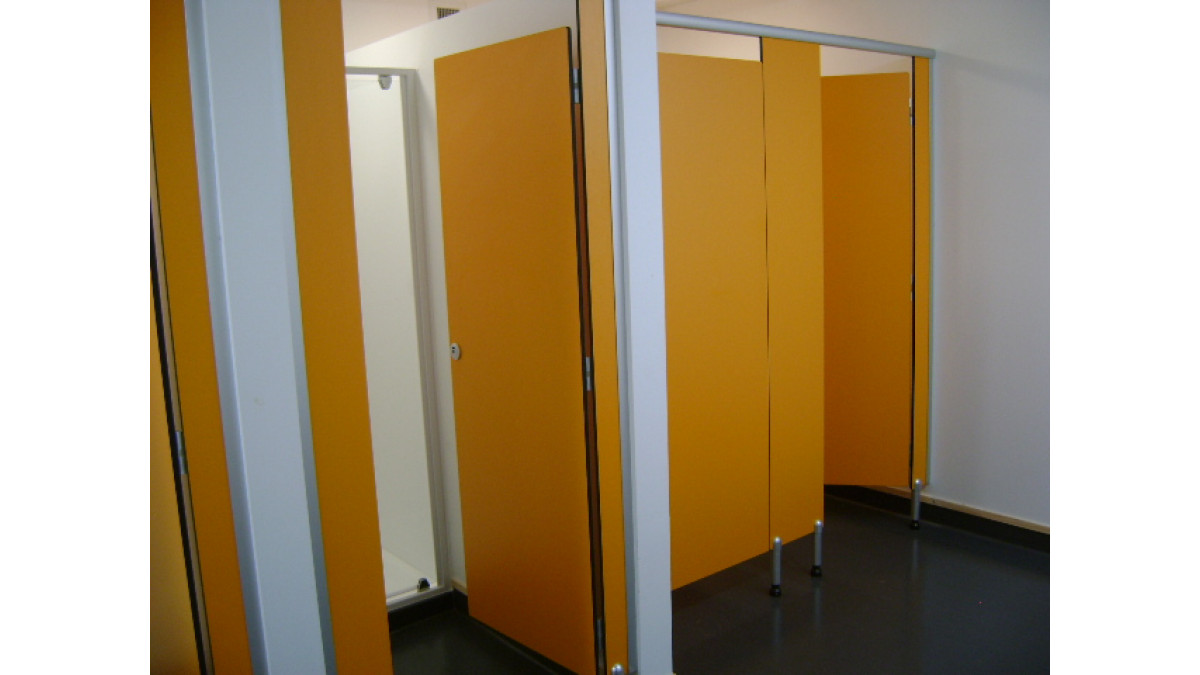 Shower and toilet cubicles in Jaffa Orange.