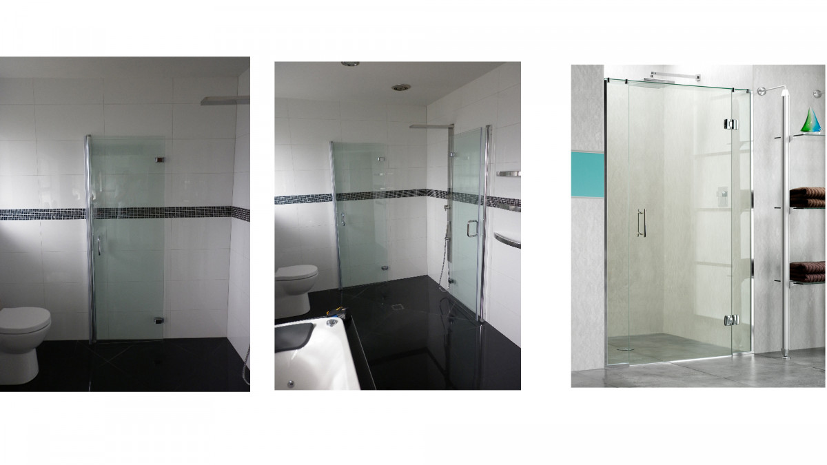 The shower fully open for easy access and an example of a built in frameless shower door.