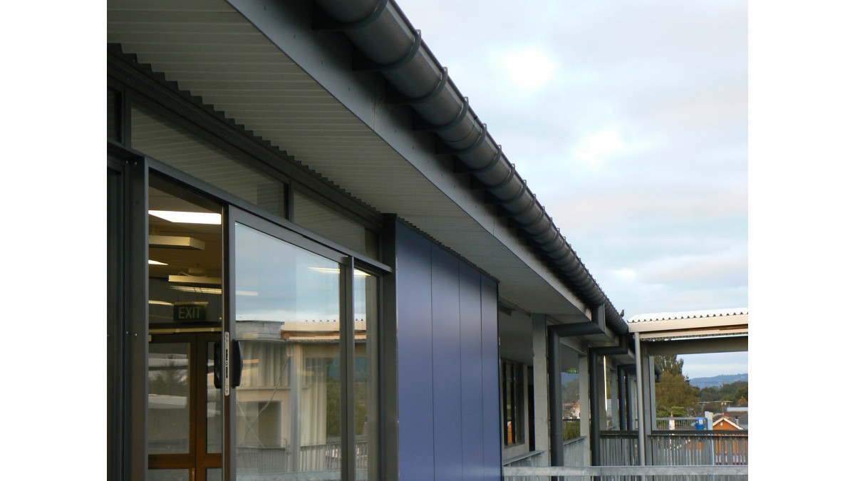 Upper Hutt College — Wellington — 150mm coloursteel downpipes transitioning to 165mm hot-dipped galvanised downpipes.