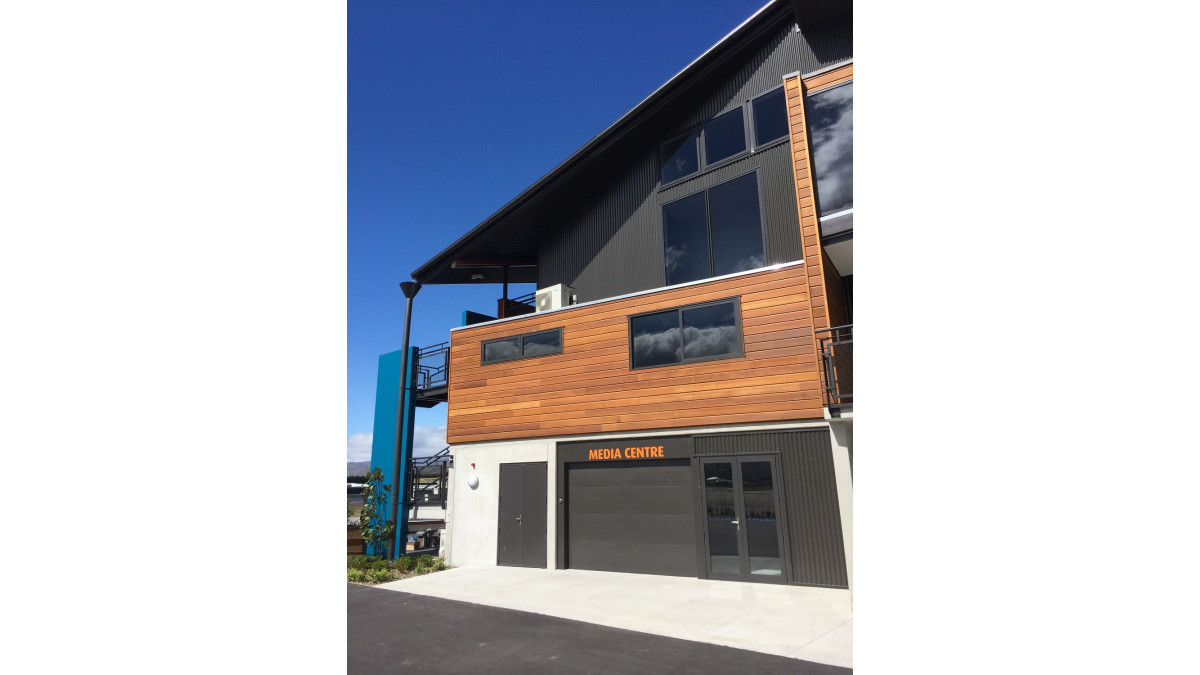 Highlands Motor Sport Park — Cromwell — custom made funnel rainwater head with 200mm downpipes.