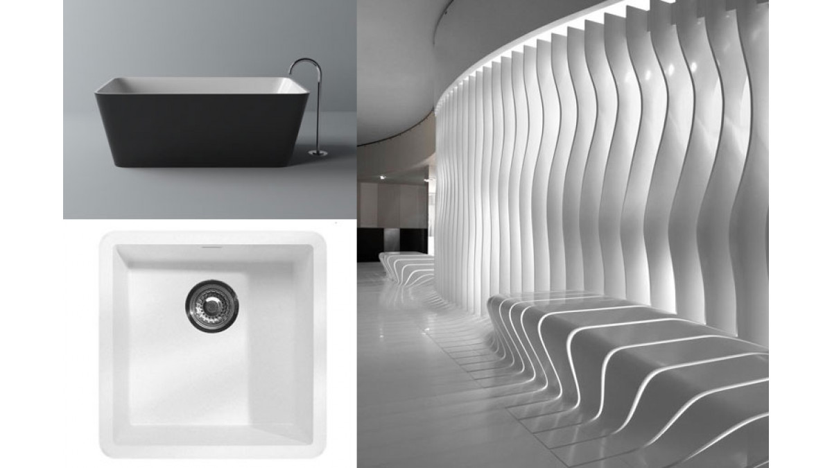 Le Corbusier bath, Corian 965 sink in Glacier White and a public space by Amanda Levete.