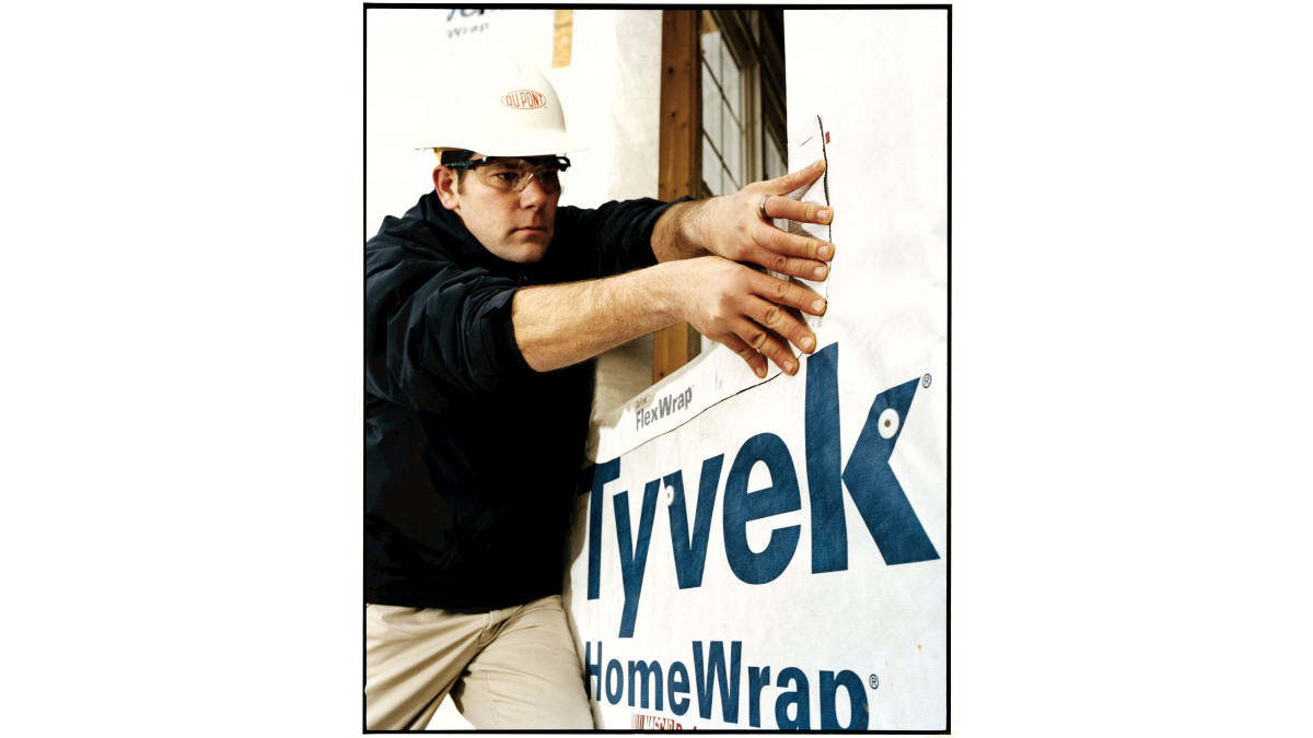 DuPont FlexWrap Flashing Tape easily stretches to seal corners in window rough openings.
