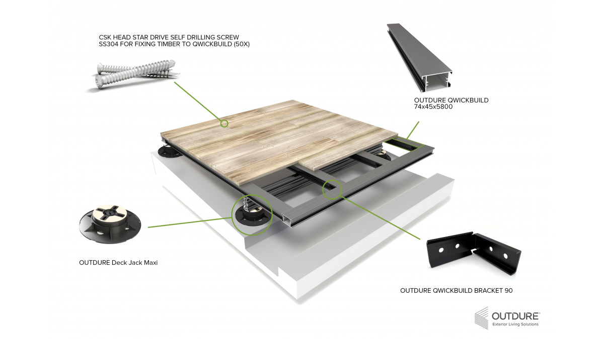 Scenario illustrating hardwood timber on Qwickbuild over waterproof membrane.