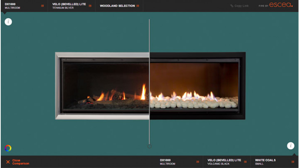 Compare fireplaces designs side-by-side.