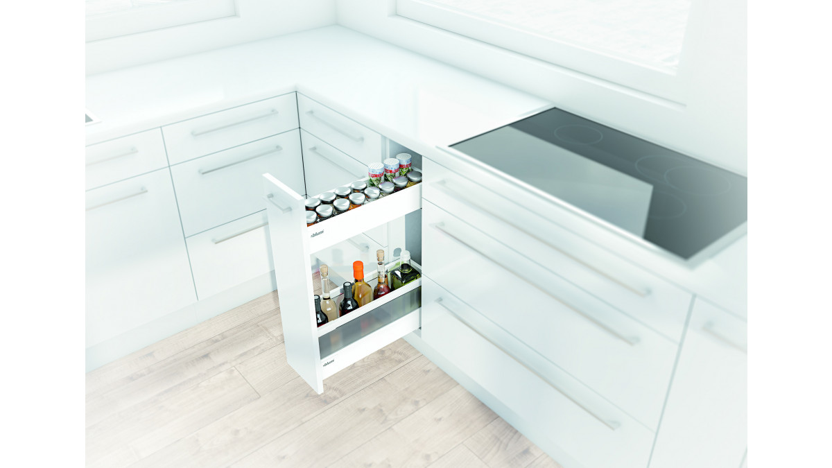 Blum's Narrow cabinet solution is perfect for cooking oils and spices.