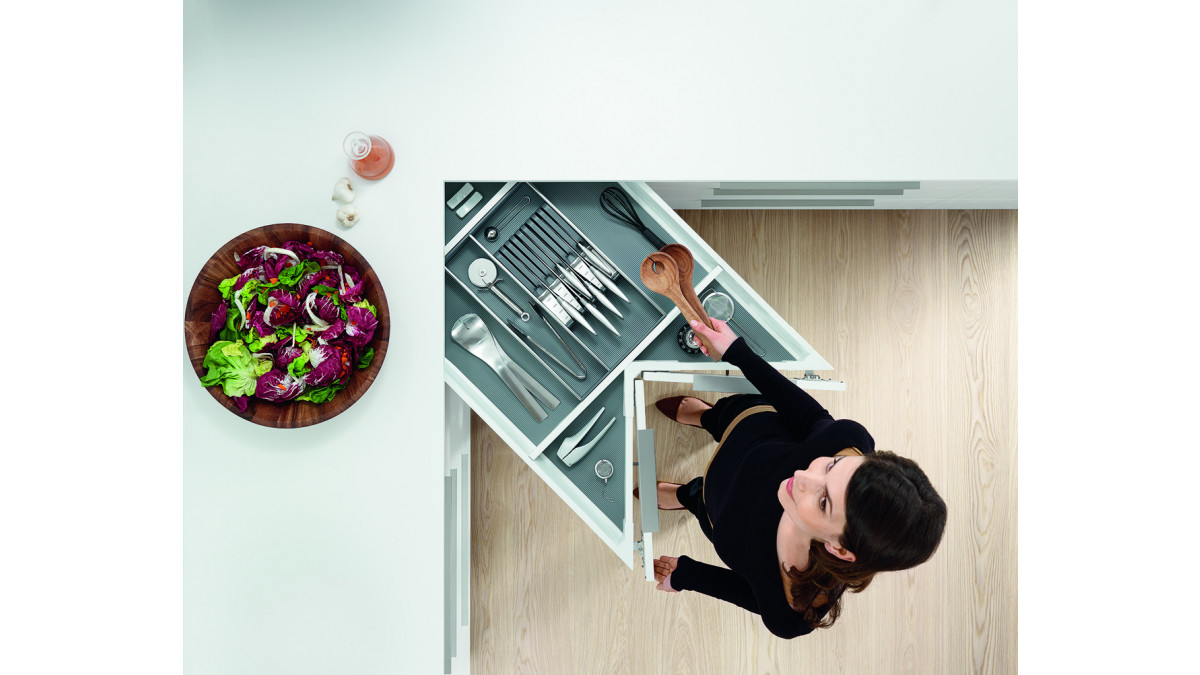 Blum's Space Corner drawers provide unparalleled access into those hard to reach corner cabinets.