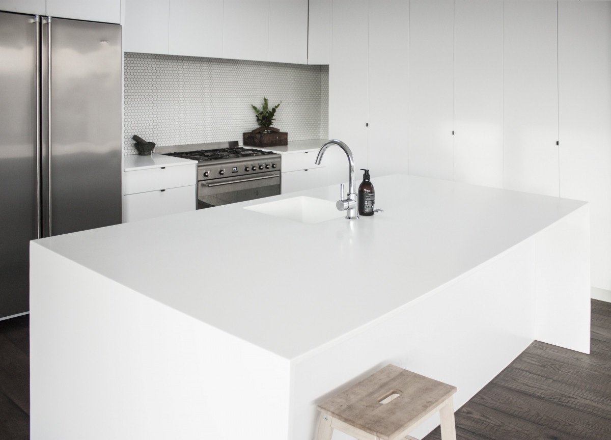 Glacier White Corian Solid Surface Enhances Family Kitchen EBOSS