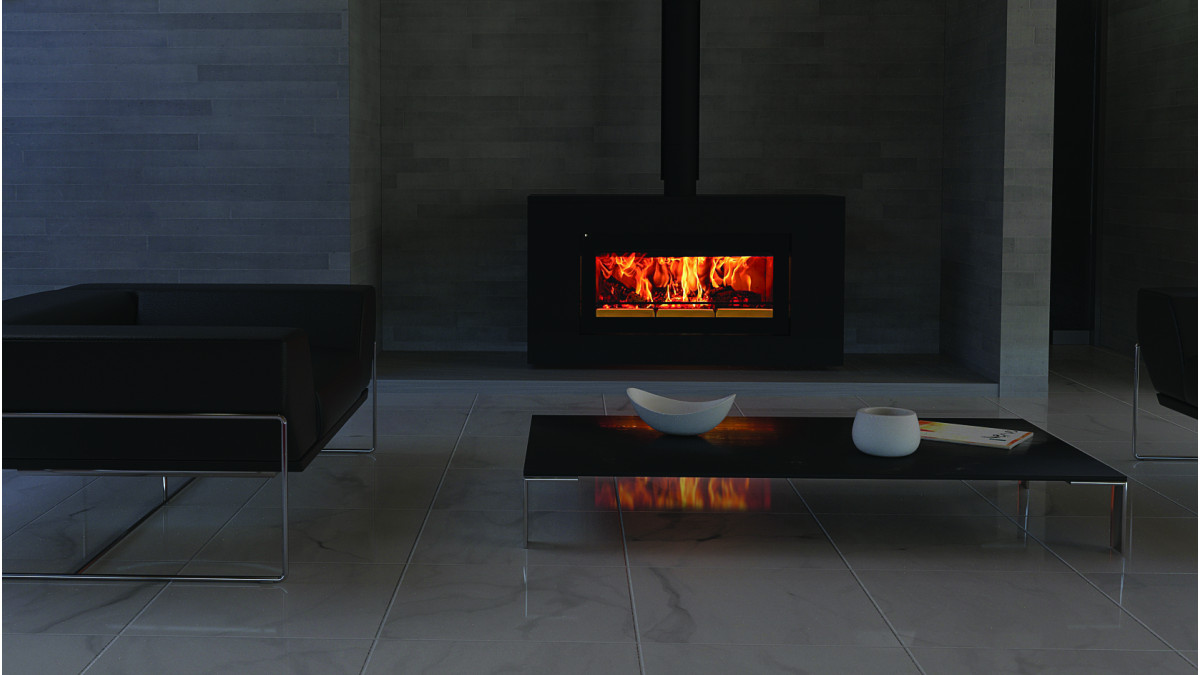 Stovax Riva Studio 2 with optional Freestanding Zero Clearance Box and Matt Black Flue and Heat Shield.