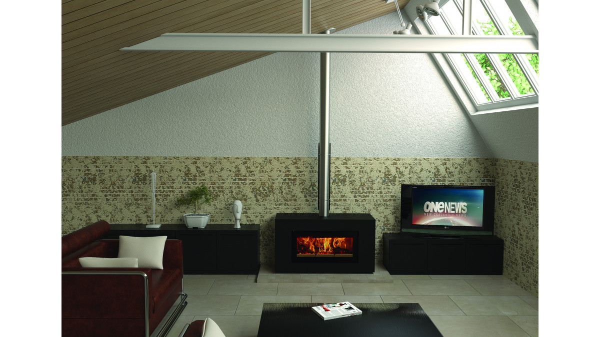Stovax Riva Studio 2 with optional Freestanding Zero Clearance Box and Stainless Steel Flue and Heat Shield.