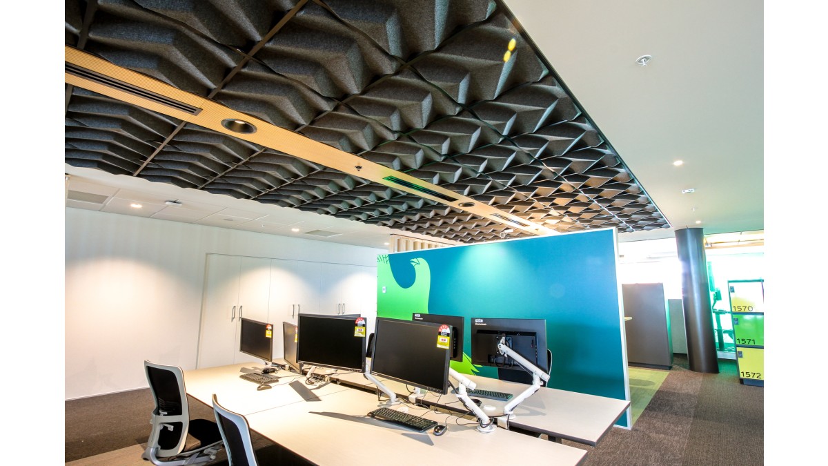 OROQI 3D Acoustic Ceiling Tile in Black CBI grid.