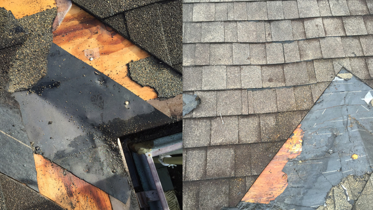 The original damaged asphalt shingle roof.