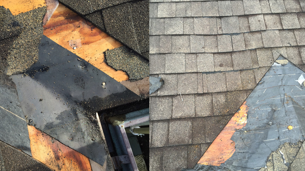 The original damaged asphalt shingle roof.