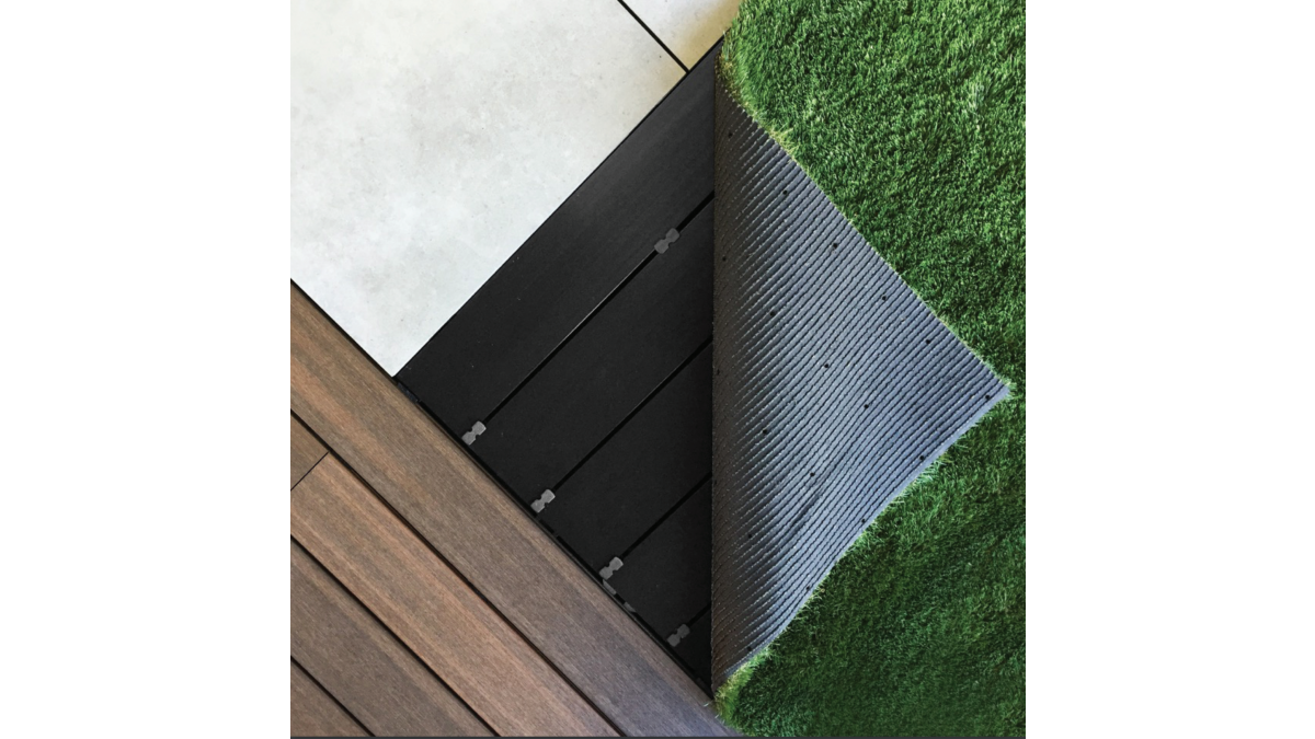 Detail of Resortdeck, tiles and turf installed on the Qwickbuild baseboard.