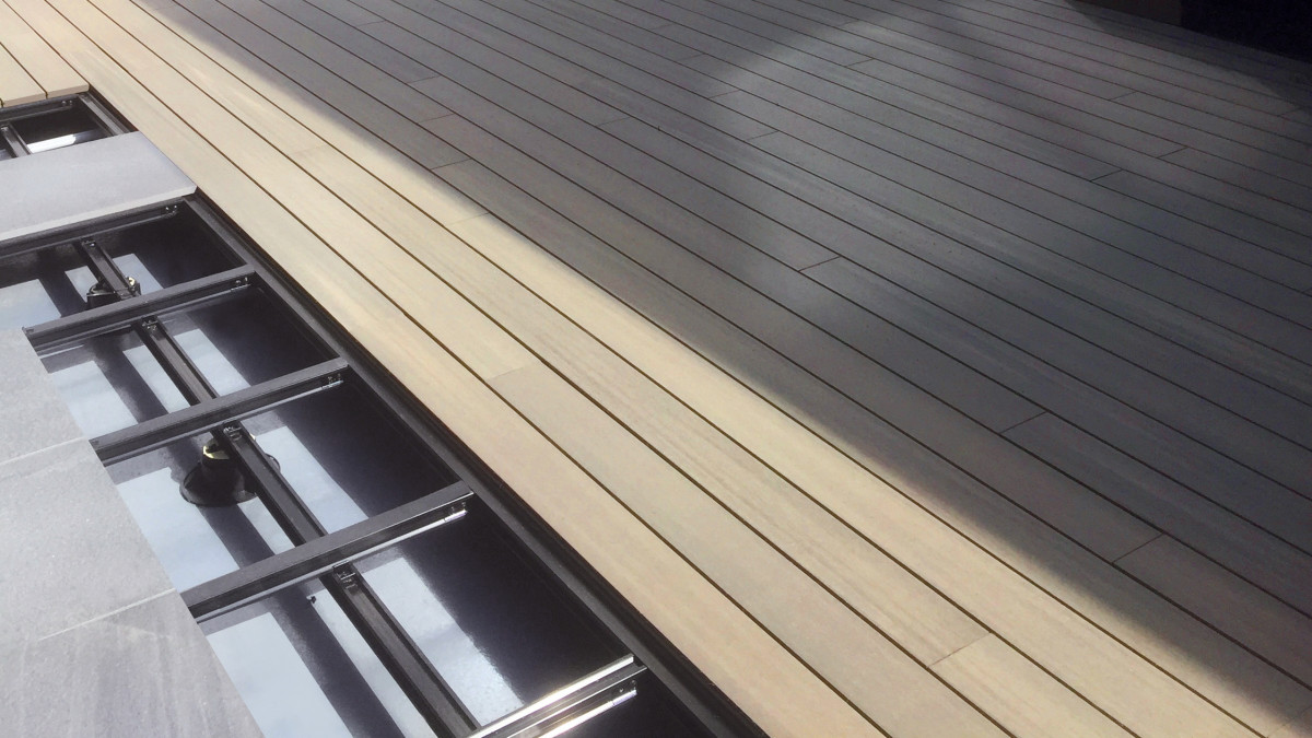 Close-up of QwickBuild framework over membrane to support tiles and decking.