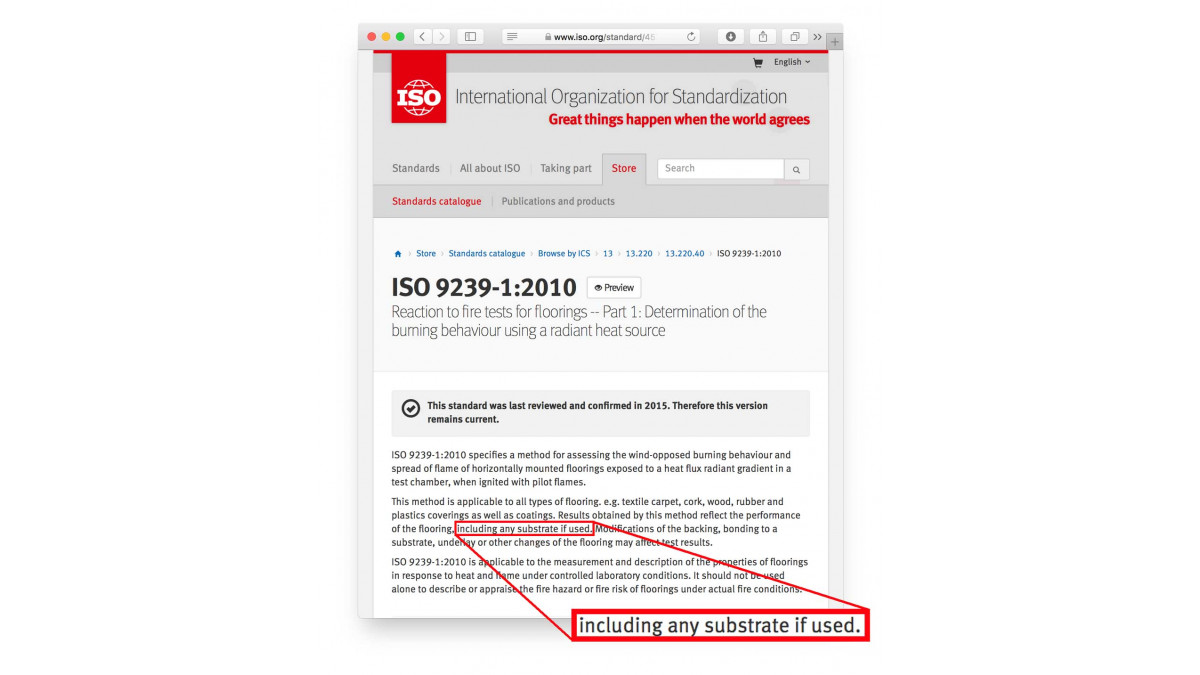 ISO 9239-1:2010, Reaction to fire tests for floorings -- Part 1: Determination of the burning behaviour using a radiant heat source states: ‘This method is applicable to all types of flooring. e.g. textile carpet, cork, wood, rubber and plastics coverings