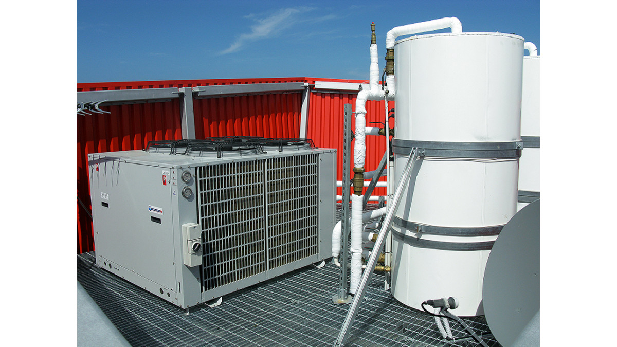 Heat Pump and Hot Water Cylinder at Hobsonville Point Primary School.