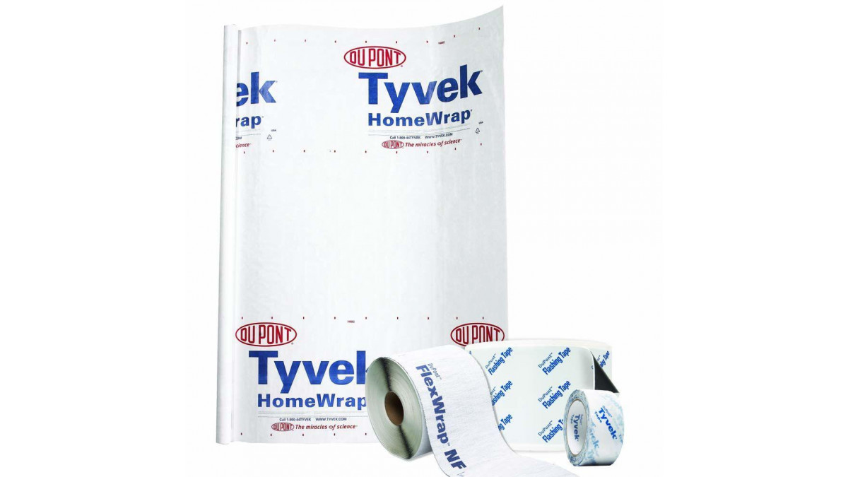 Tyvek System of HomeWrap, Flexwrap Flashing Tape and Seam Tape.