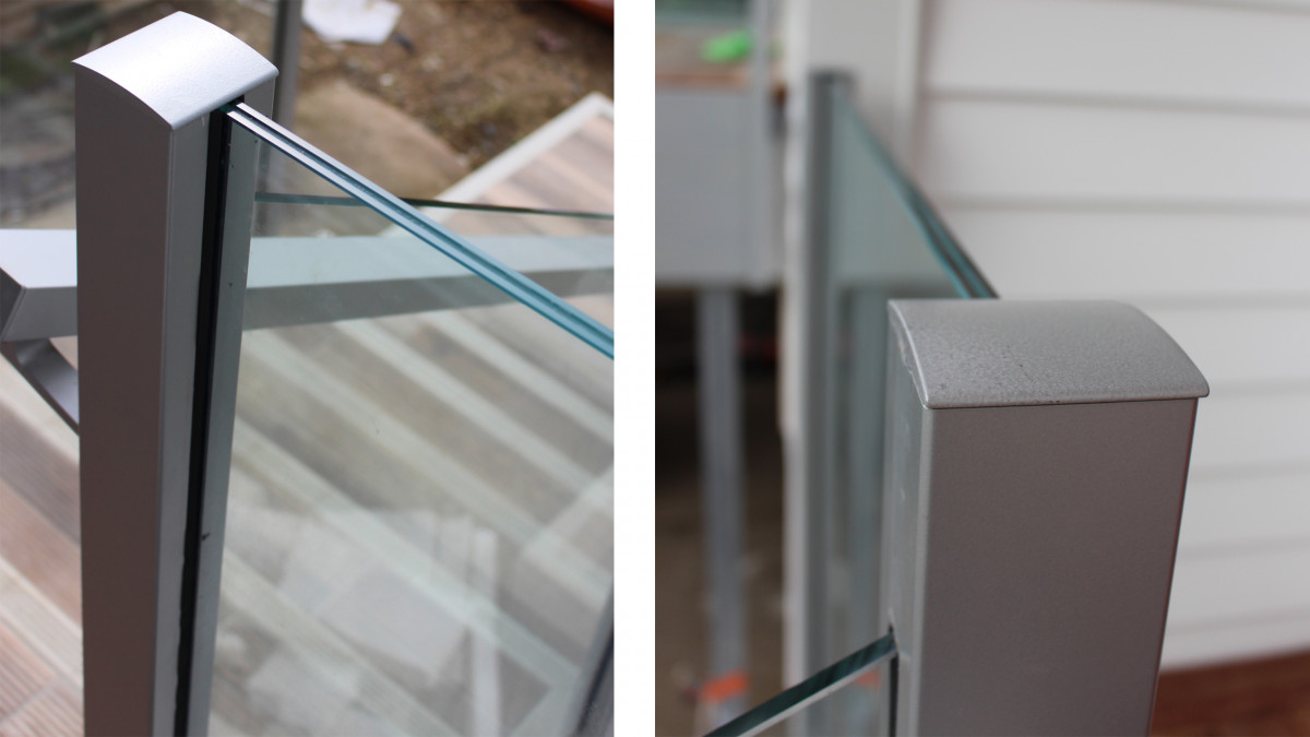 Edge balustrade with laminated glass so no top interlinking rail is required.