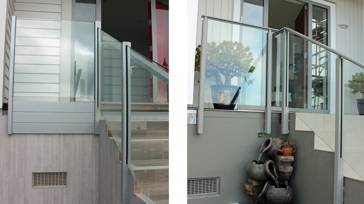 Examples of Edge balustrade with laminated glass and no top rail and one with interlinking rail.