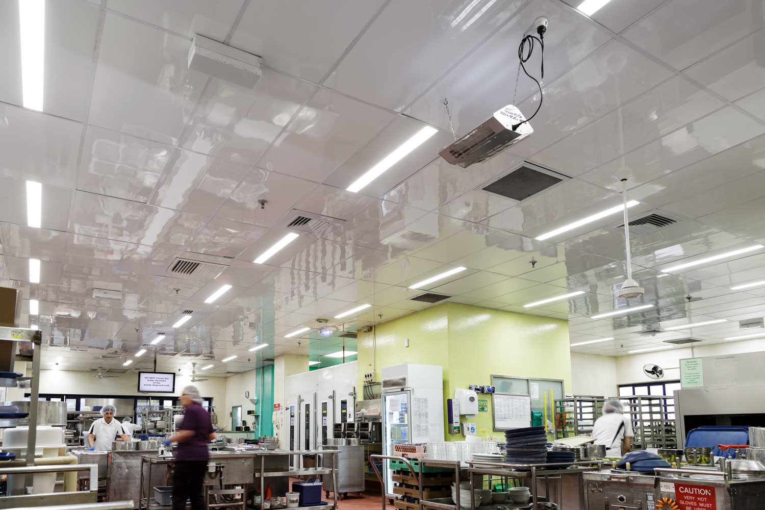 commercial kitchen ceiling replaced with low maintenance tiles – eboss