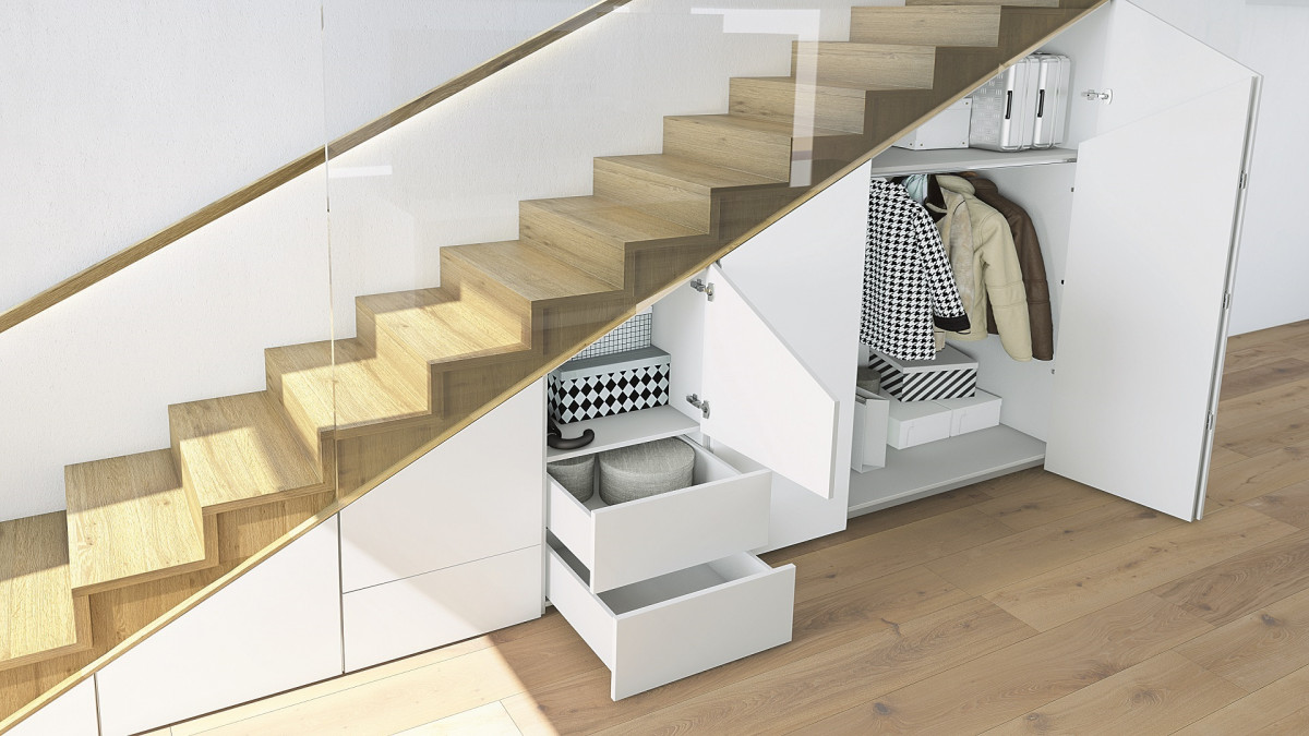 WingLine L creates subtle under stair storage.