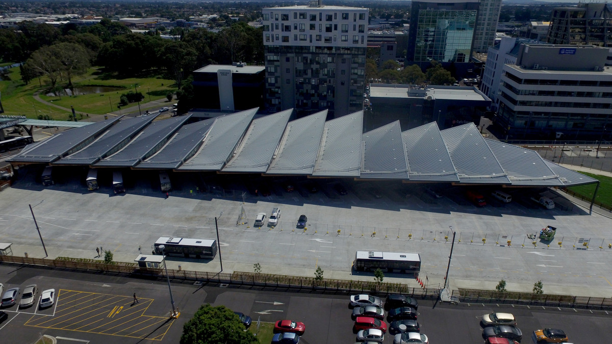 Aerial view of KingZip roof on Manukau Bus Interchange, Auckland, New Zealand.