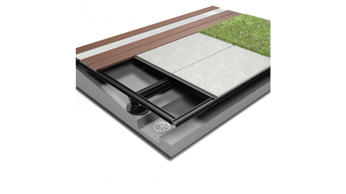 Rendering of Outdure's QwickBuild System supporting tiles decking and turf over membrane.