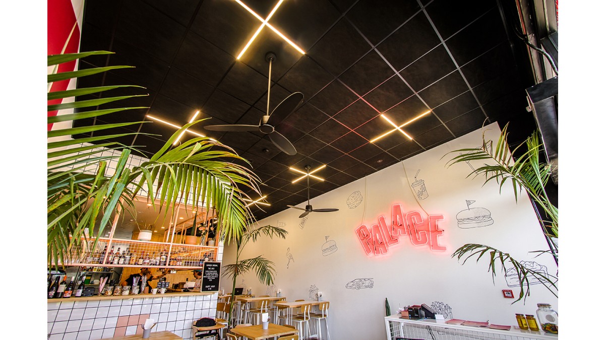 Palace Burger, black C Max and Gridlux luminaires.