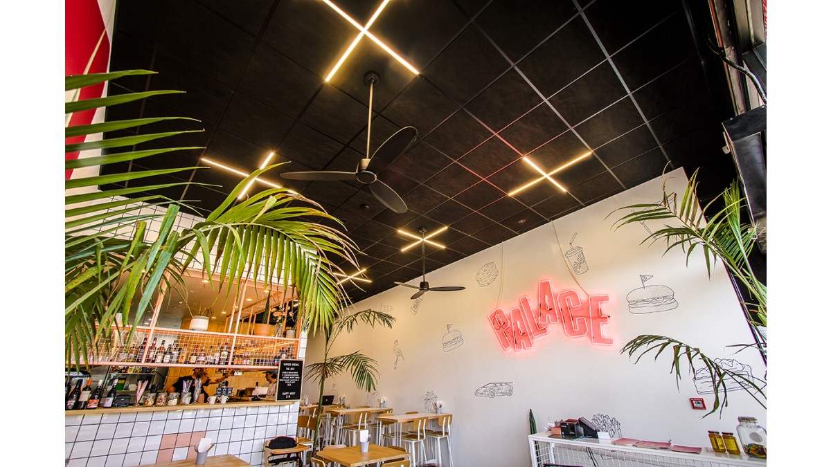 Palace Burger, black C Max and Gridlux luminaires.