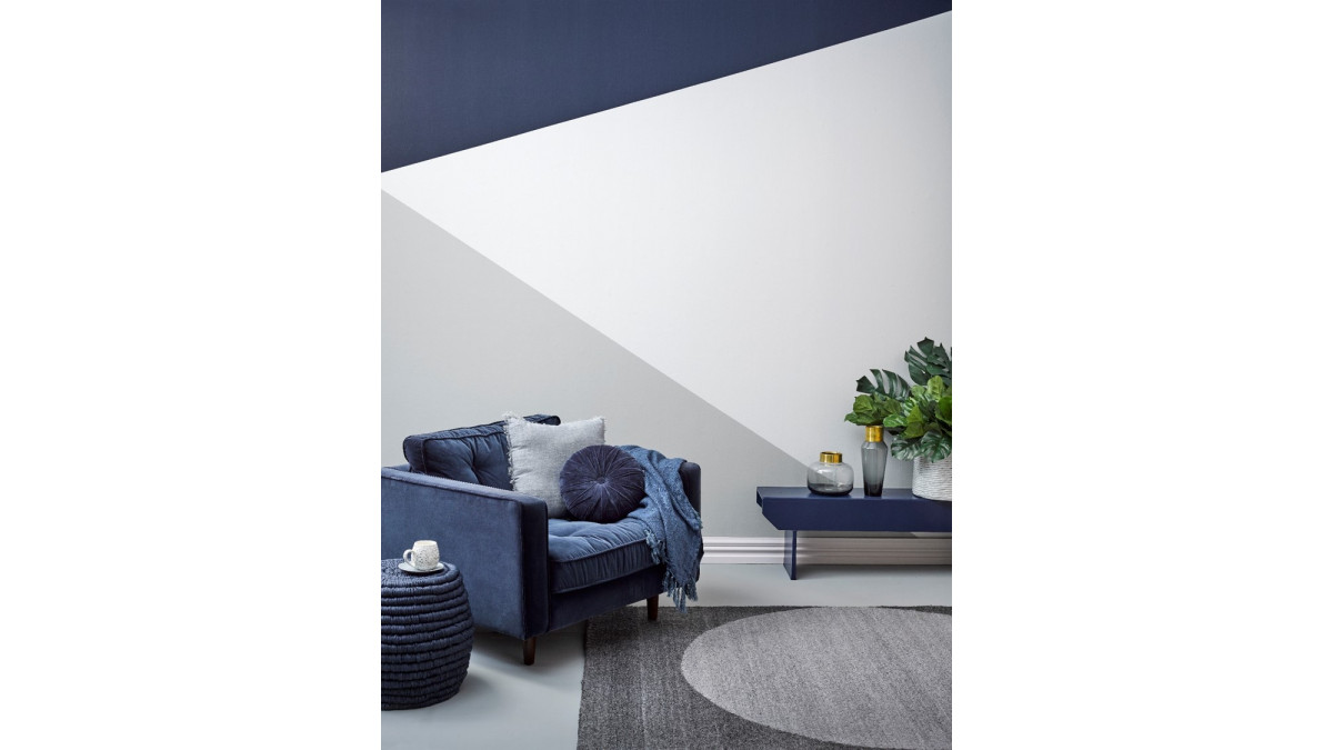An evolution of geo colour blocking, with striking Resene blue and grey contrasts.
