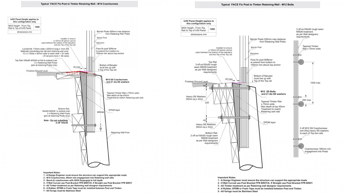 Contemporary Balustrade fixing details Face Fix to Timber Retaining Wall Coachscrews and Bolts.