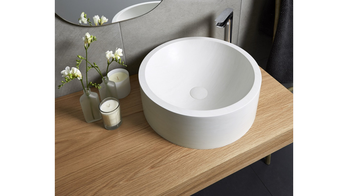 On bench Corian EOS PWB202A basin in Corian Cirrus White.