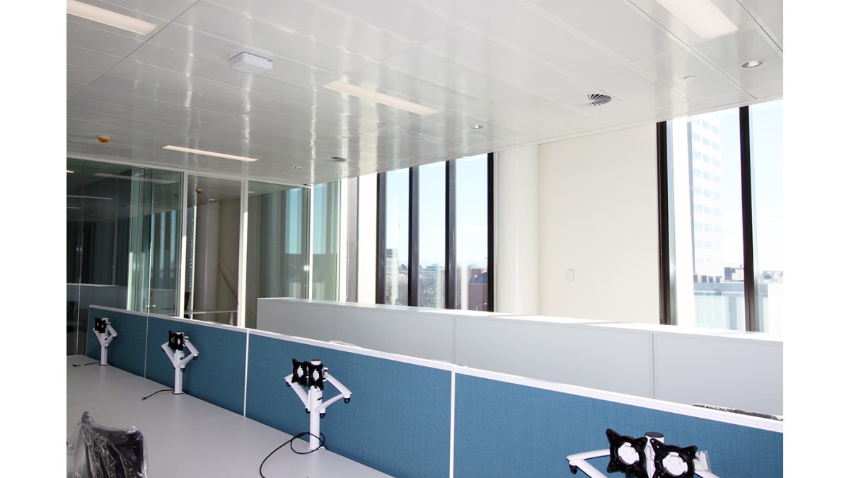 High Gloss Metacoustic ceiling tiles in the offices.