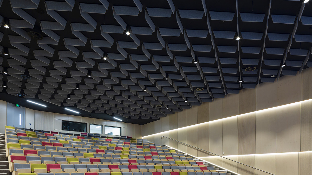 Bespoke Frontier ceiling feature in auditorium – Taronga Institute of Science and Learning.