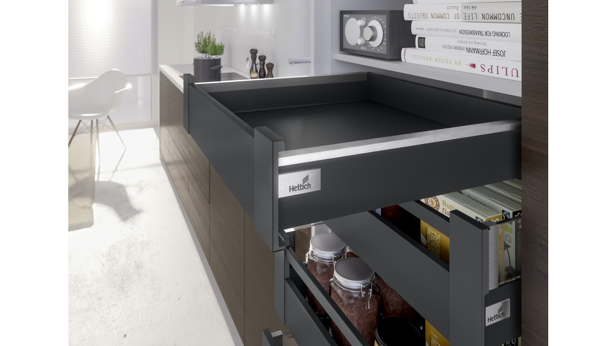 Brushed chrome look Designer Profiles with ArciTech Anthracite drawer sides makes for a modern classic combination in this internal kitchen pantry.