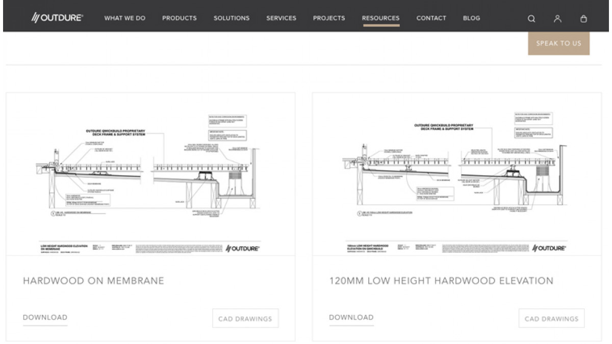 Outdure Resource and Product Selector Tool screenshot of CAD details.