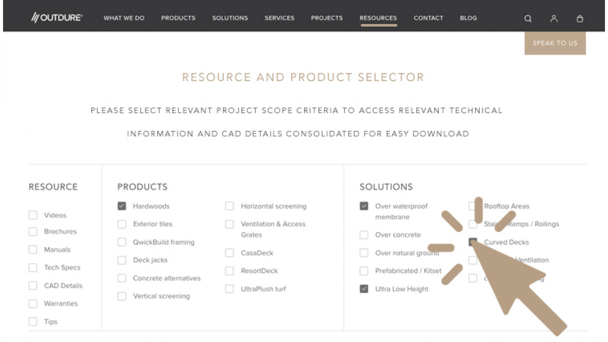 Outdure Resource and Product Selector Tool screenshot of menu.