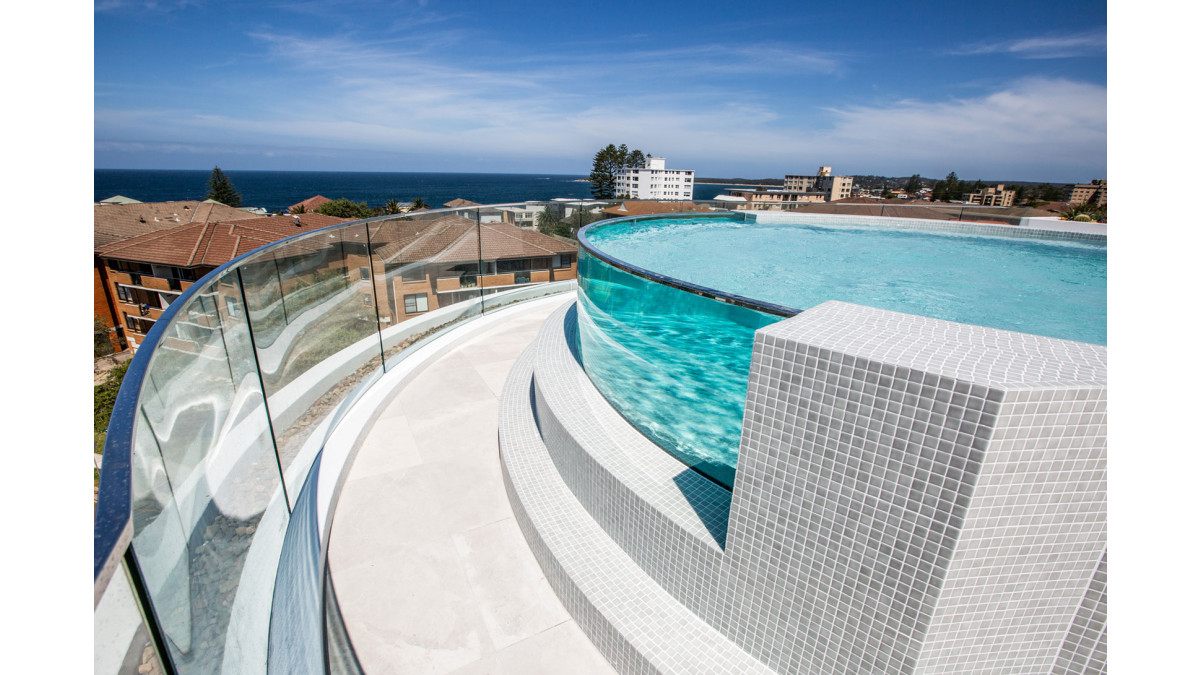 Bent glass balustrades and pool glass at Soul Apartments. 