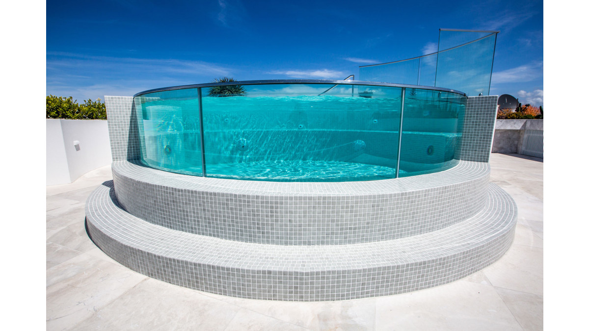 Bent pool glass at Soul Apartments.