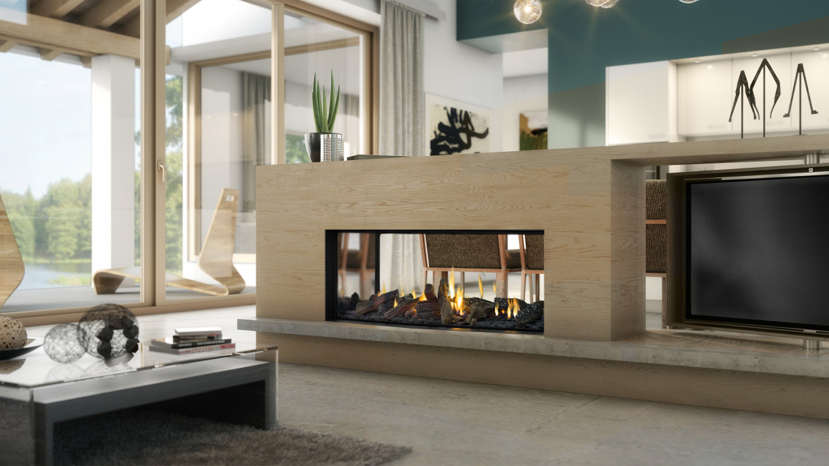 Glass fronted design and innovative flue systems give you the most energy efficient gas fireplace. Image: Escea DS1150 gas fireplace. 