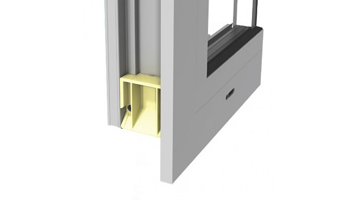 Window with corner soaker block in yellow.