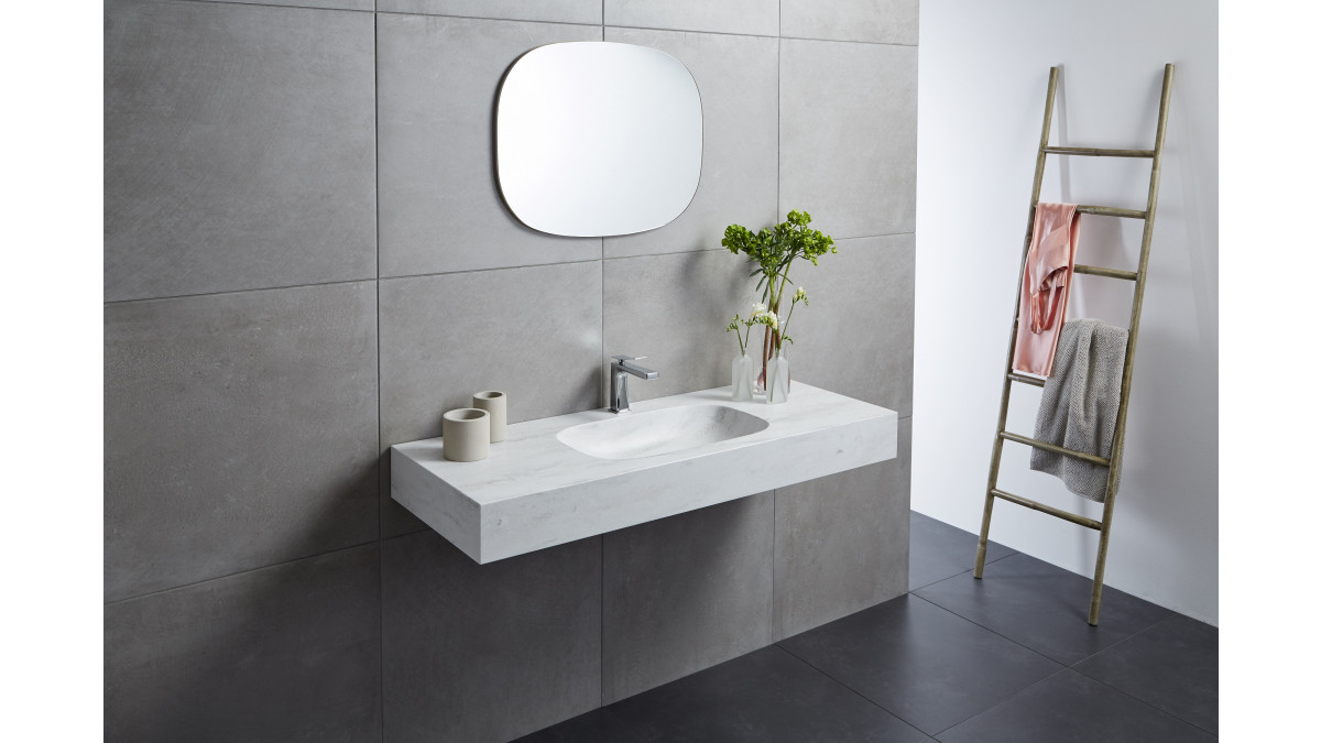 Corian Rain Cloud basin and vanity.<br />
Styling by Sonya Cotter.<br />
Photography by Bryce Carleton.