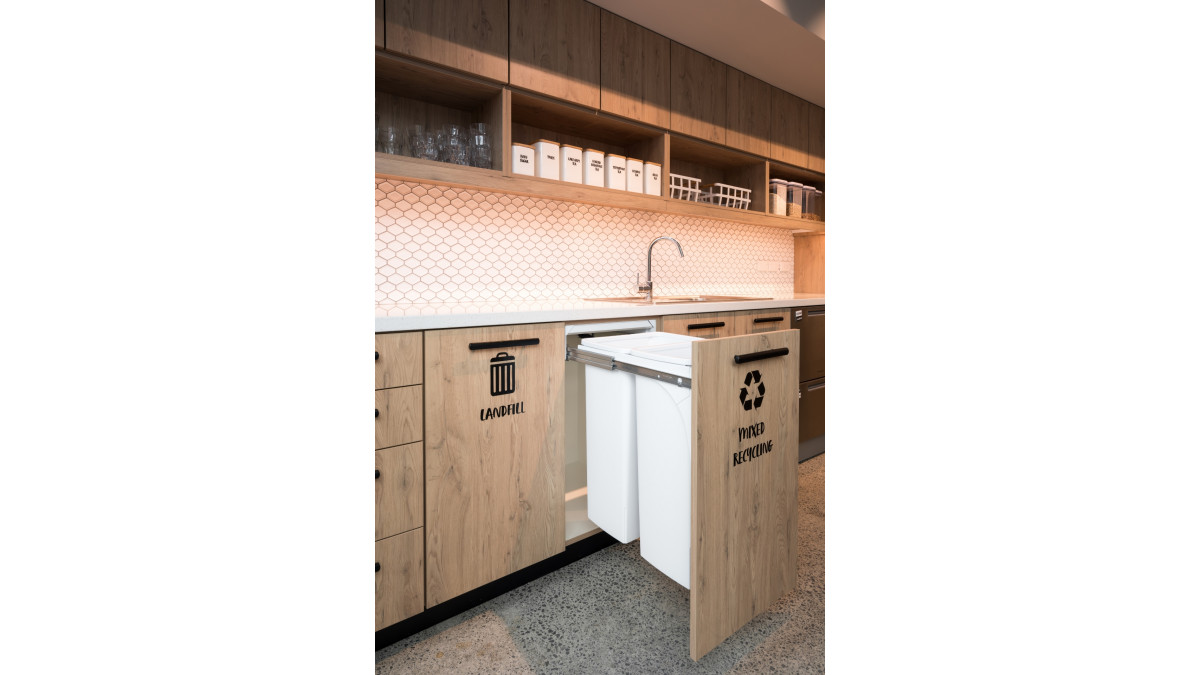 Well labelled and positioned waste bins in office kitchen, Project Goodman Offices.