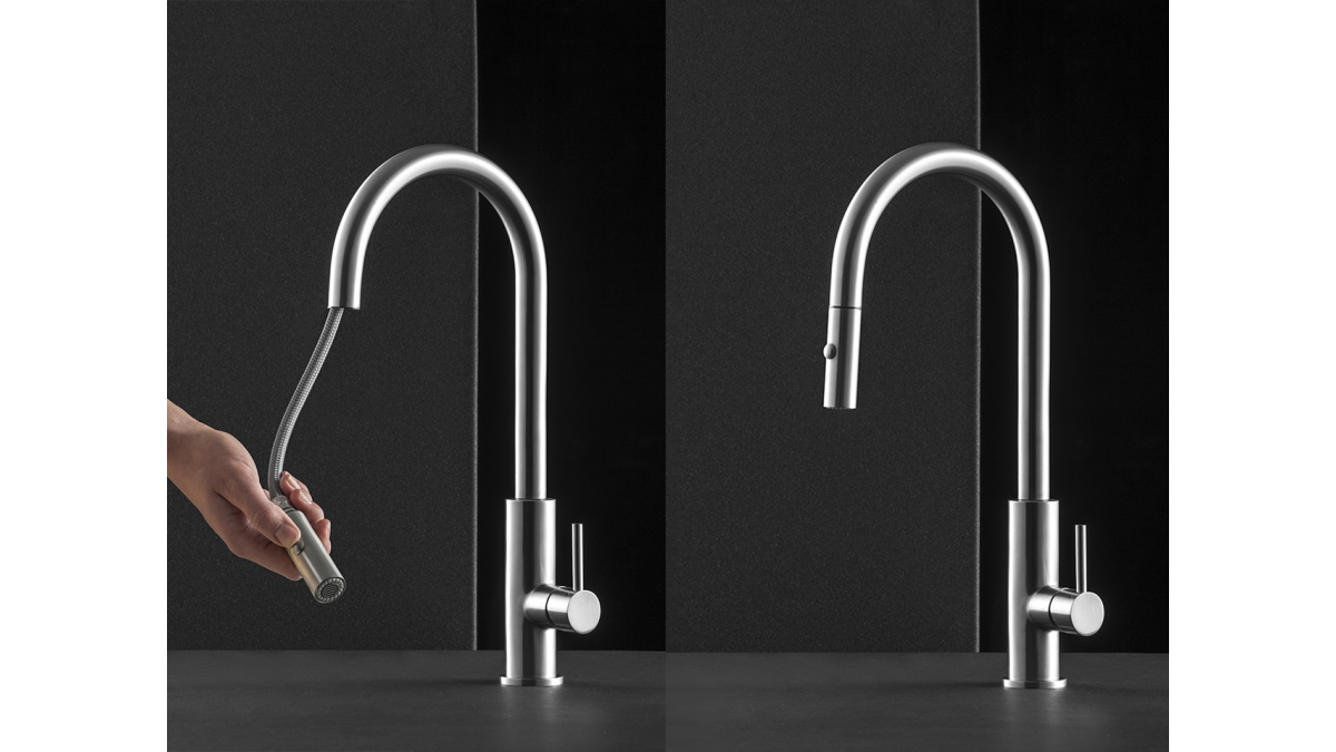 iB Rubinetti Acciaio AC381 gooseneck mixer in Brushed Stainless Steel finish.