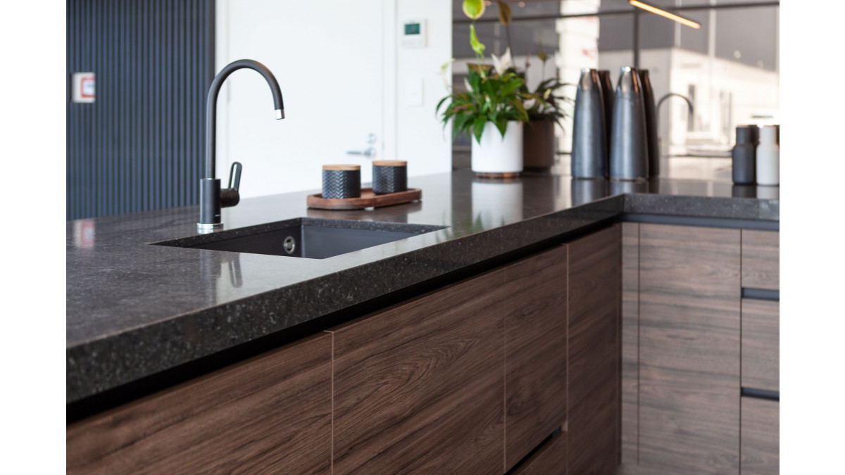 Hickory Walnut melamine cabinetry with Timberland finish from Prime Panels.