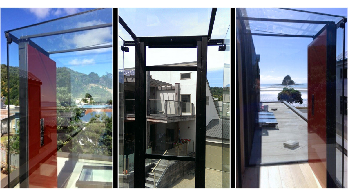 Flexibility of design with this open-style glass walled elevator with no ceiling space machinery.