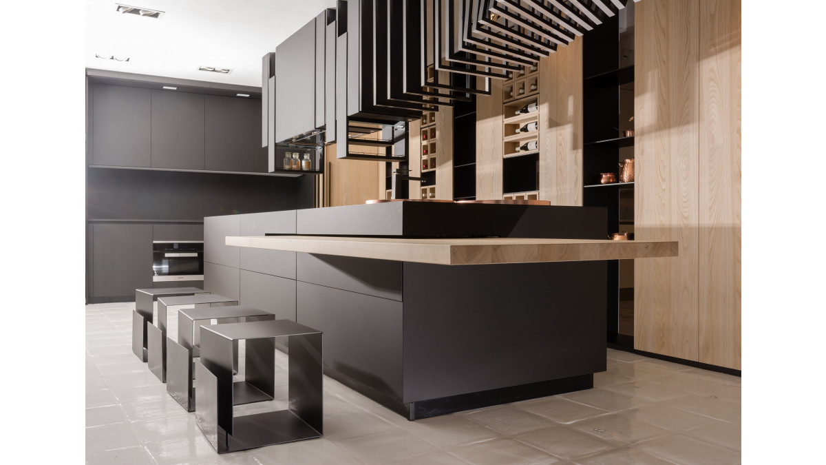 Fenix NTM Nero Ingo Kitchen bench and cabinetry. <br />
Photography by SaloneDelMobile