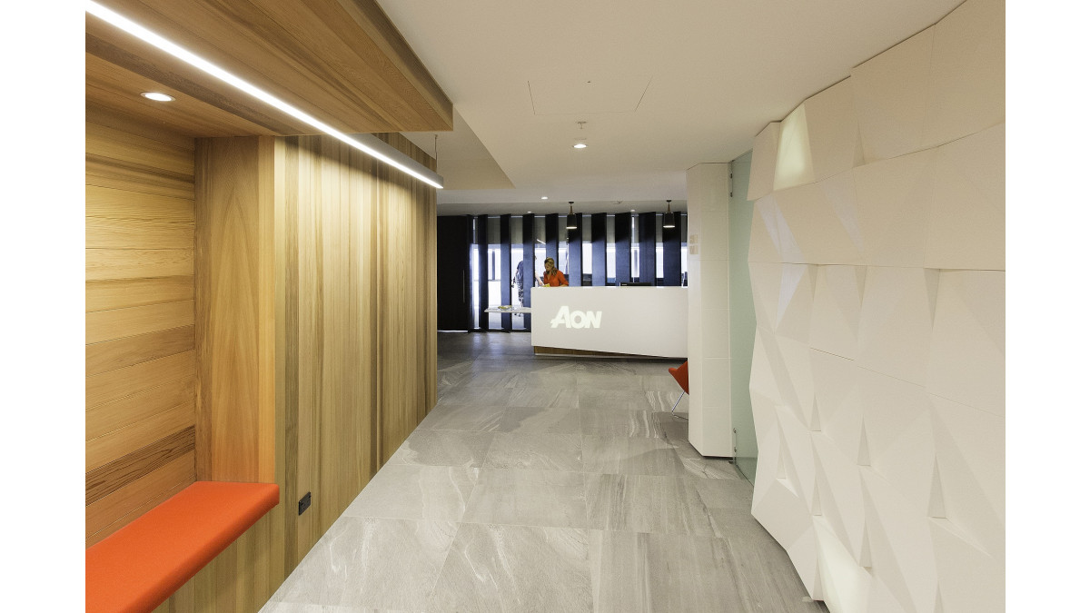 Corian Glacier White used on the clever internal wall relief and reception counter in AON Interior Auckland.<br />
Designed by Phillip Matz, Matz Architects<br />
Fabricated by Greenmount Espies<br />
Photography by Issac Matz