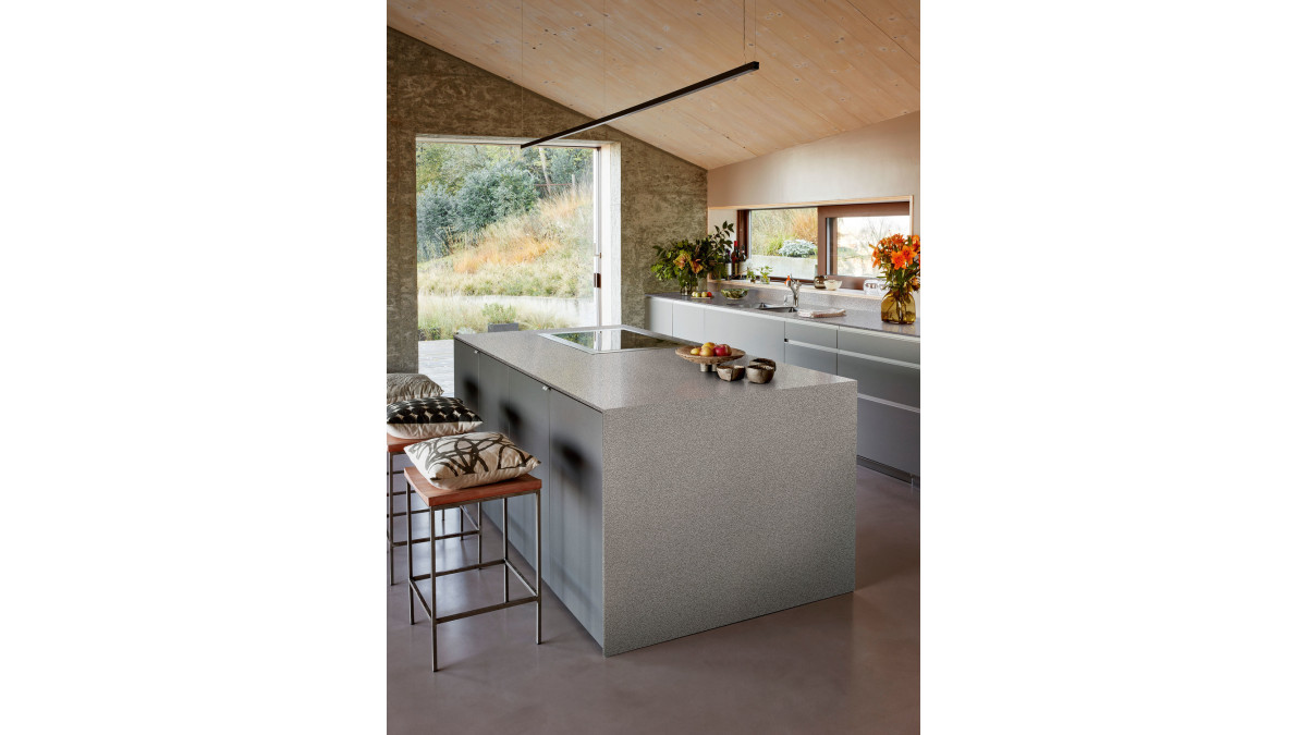 Corian Solid Surface — Pebble Terrazzo Kitchen Island Bench.