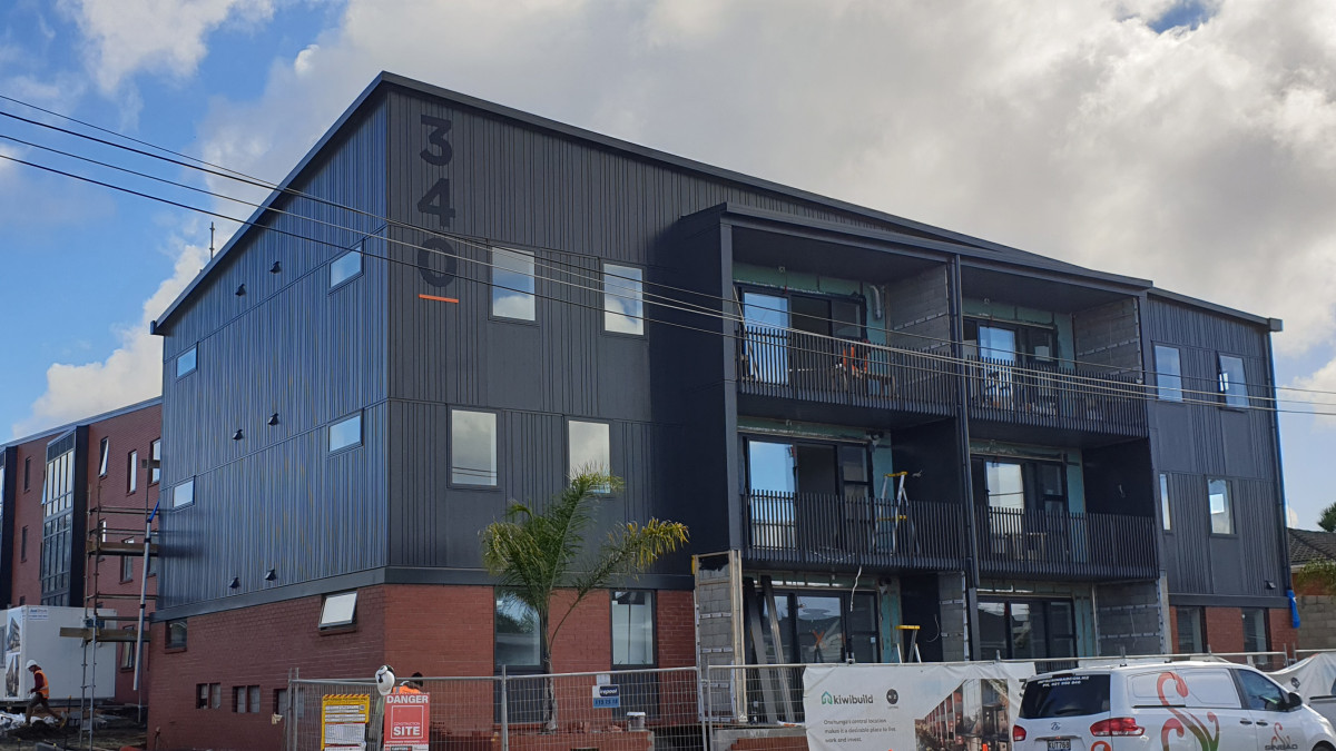 340 Onehunga Mall by NZ Living is NZ's largest Kiwibuild project and features random vertical cladding. 